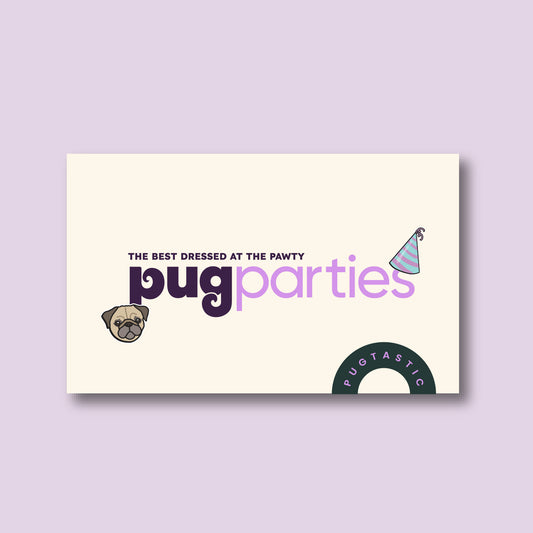 A light purple gift card design featuring the text “THE BEST DRESSED AT THE PAWTY” in bold black letters above the logo “pugparties” in a combination of dark purple and light lavender fonts. A cartoon pug face appears on the left side of the logo, and a striped party hat is placed on the right, creating a fun and festive vibe.