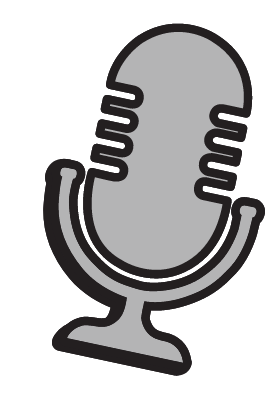 Cartoon-style illustration of a classic silver microphone with black accents, shown upright and outlined in white, used as a graphic element for the Pug Parties website.