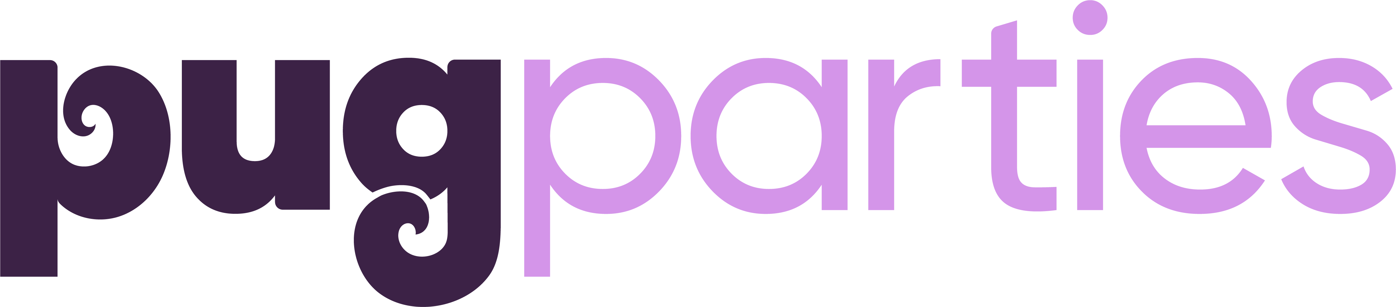 Pug Parties logo with the word “pug” in dark purple and “parties” in light lavender, featuring playful curly tails on the letters “p” and “g” to resemble a pug’s tail.