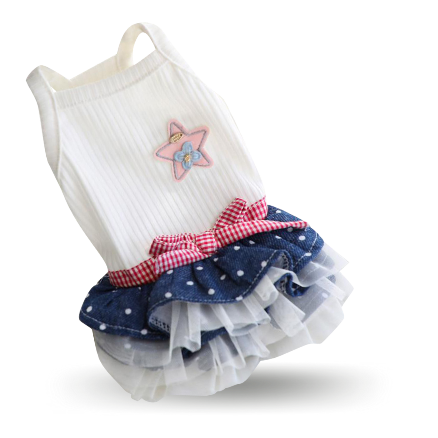 Soft ribbed cotton bodice with a cute little star patch, red plaid ribbon at the waist and blue polka-dot denim and white tulle layered RaRa skirt