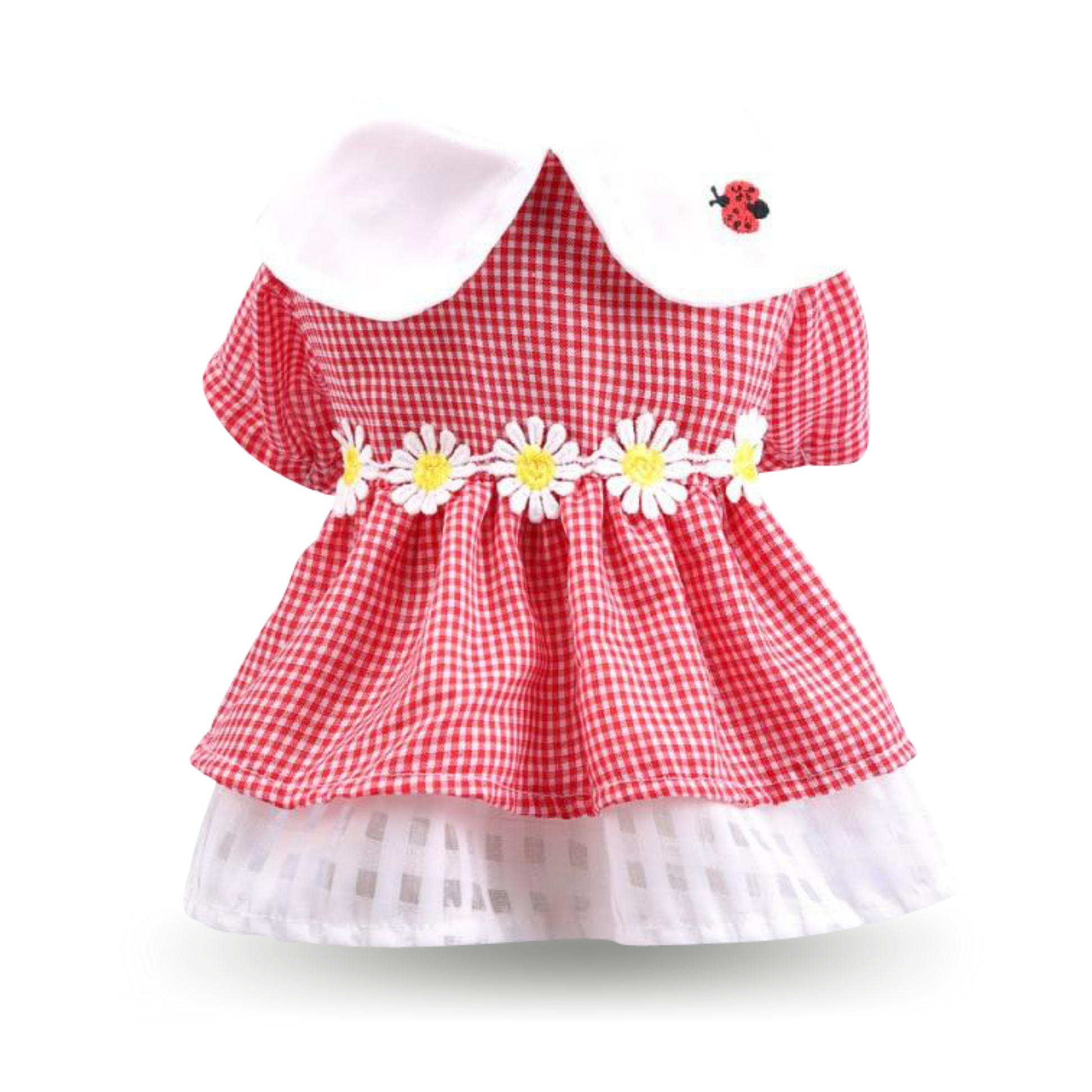 Soft light-weight red cotton dress with flowers at the waist and a Lady bug embroidered on the collar