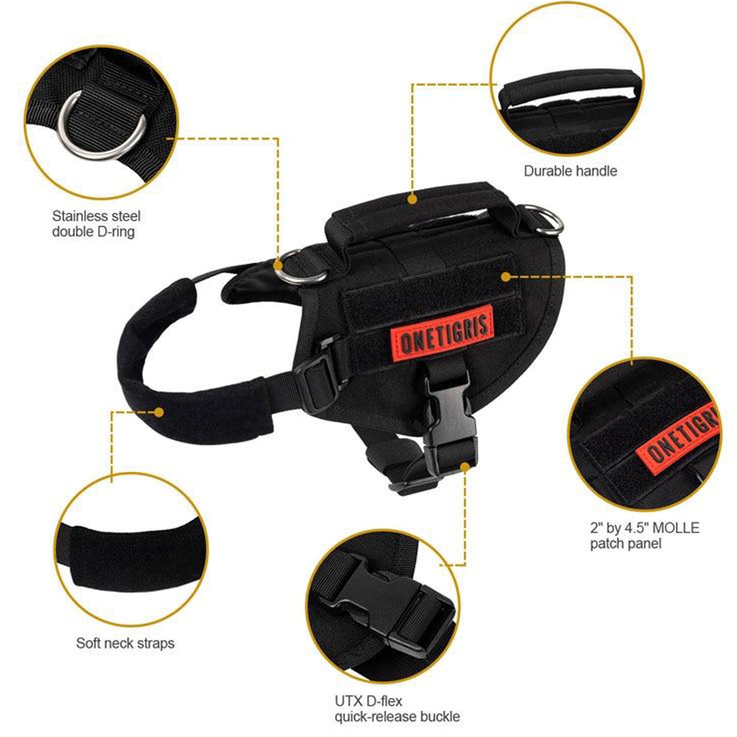 A  full body high-strength nylon tactical harness with Duraflex quick-release buckles, clips and fasteners, velcro panels for badges and patches, heavy duty handle and rear lead loop in black