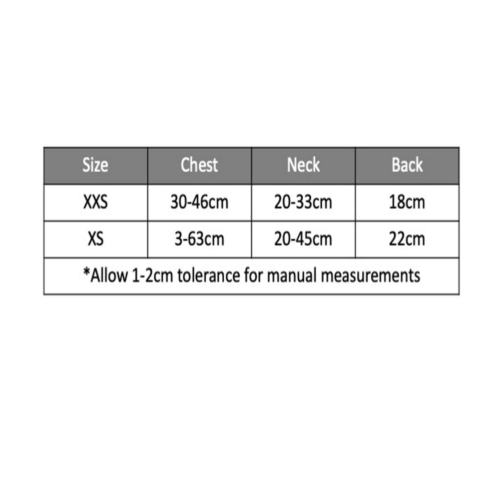 The size chart for the small tactical harness