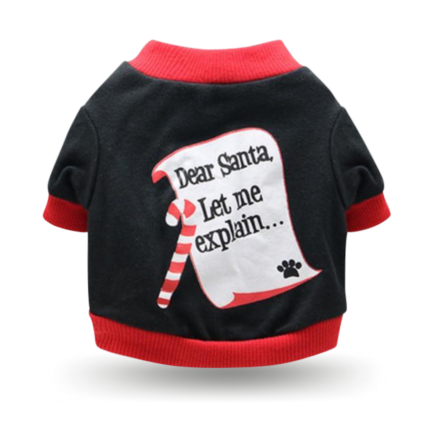 Soft cotton black t-shirt with ribbing collar, arm and waist bands with "Dear Santa, Let me explain ..." screen printed motif