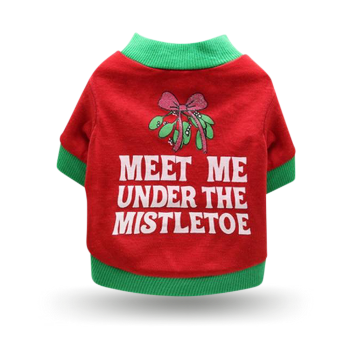 Soft cotton red t-shirt with ribbing collar, arm and waist bands with "Meet me under the mistletoe" screen printed motif