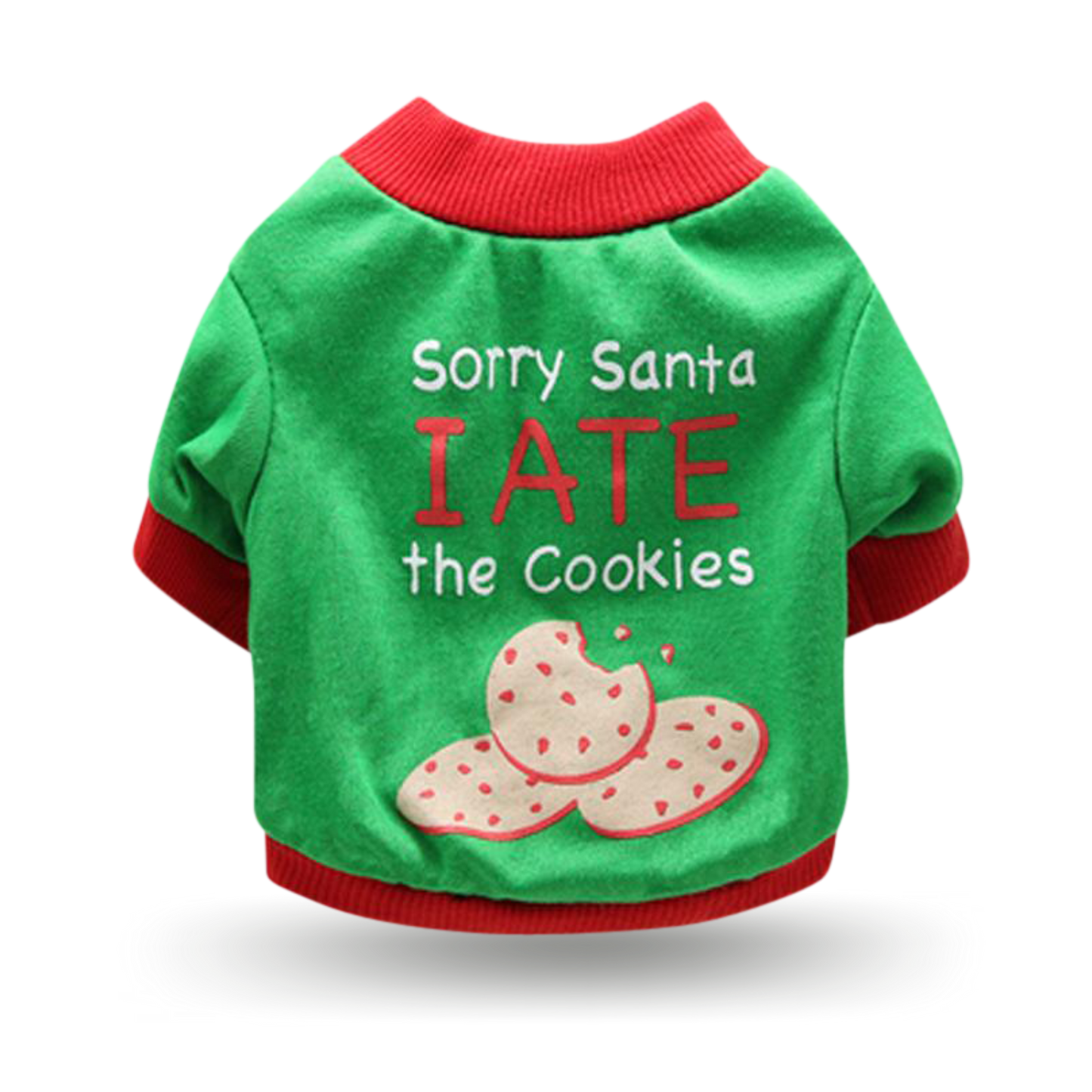 Soft cotton green t-shirt with ribbing collar, arm and waist bands with "Sorry Santa I ate the cookies" screen printed motif