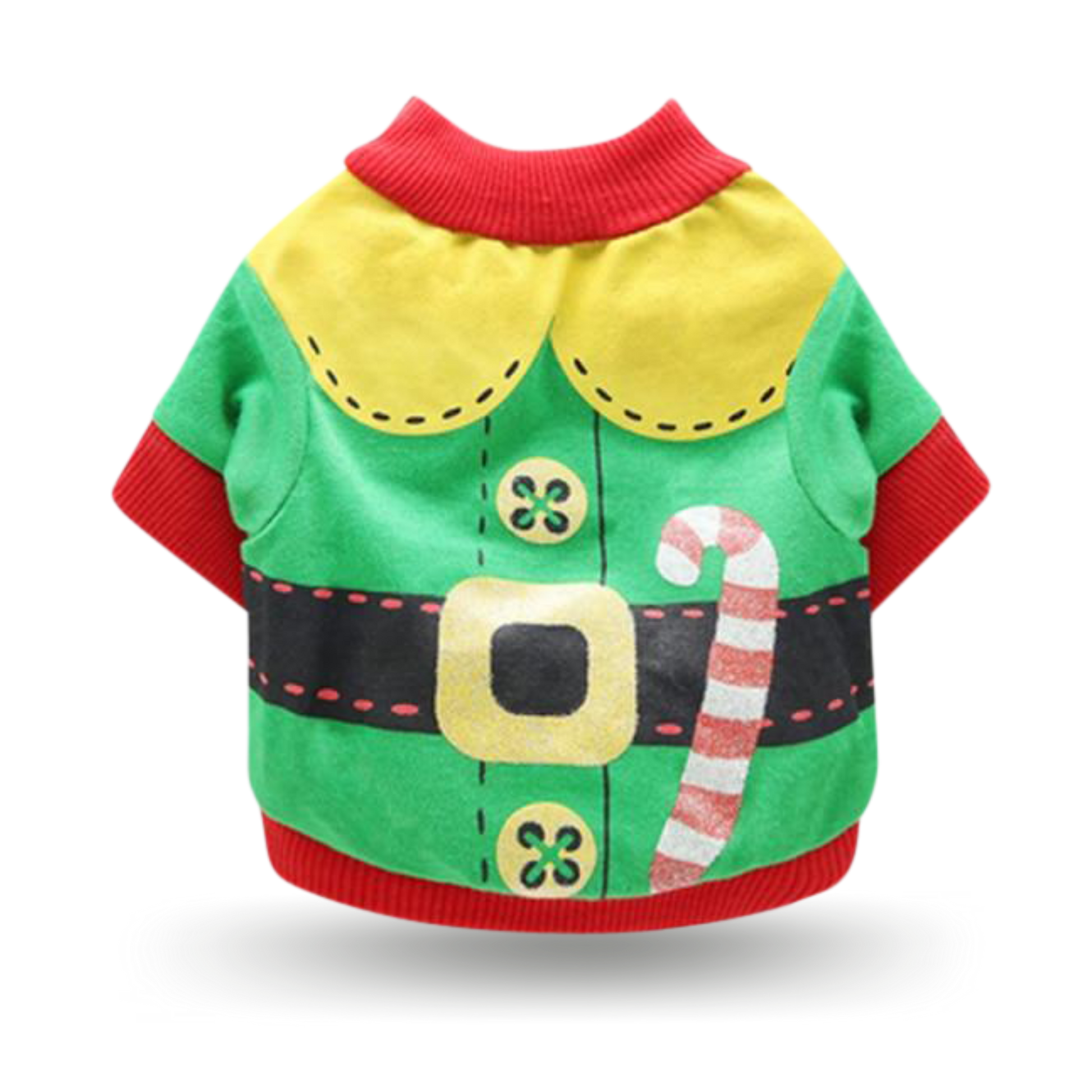 Soft cotton t-shirt with ribbing collar, arm and waist bands with green elf uniform and candy cane screen printed motif