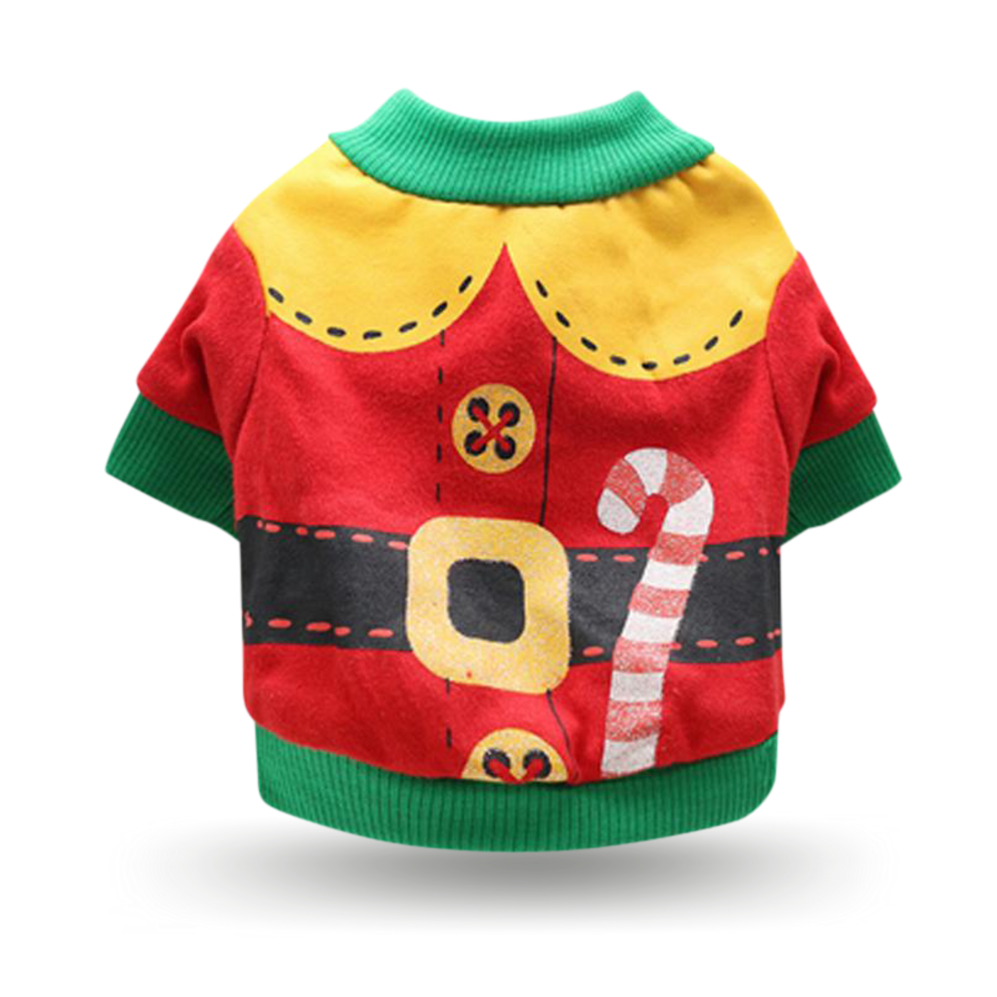 Soft cotton t-shirt with ribbing collar, arm and waist bands with red elf uniform and candy cane screen printed motif