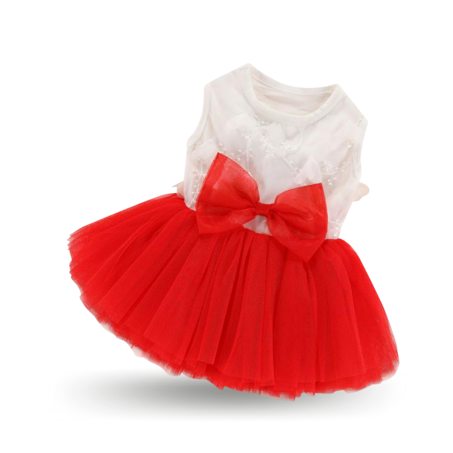 Soft cotton bodice with a fine embroidered mesh overlay, with pretty multi-layered red tulle skirt and red tulle bowtie at the waist