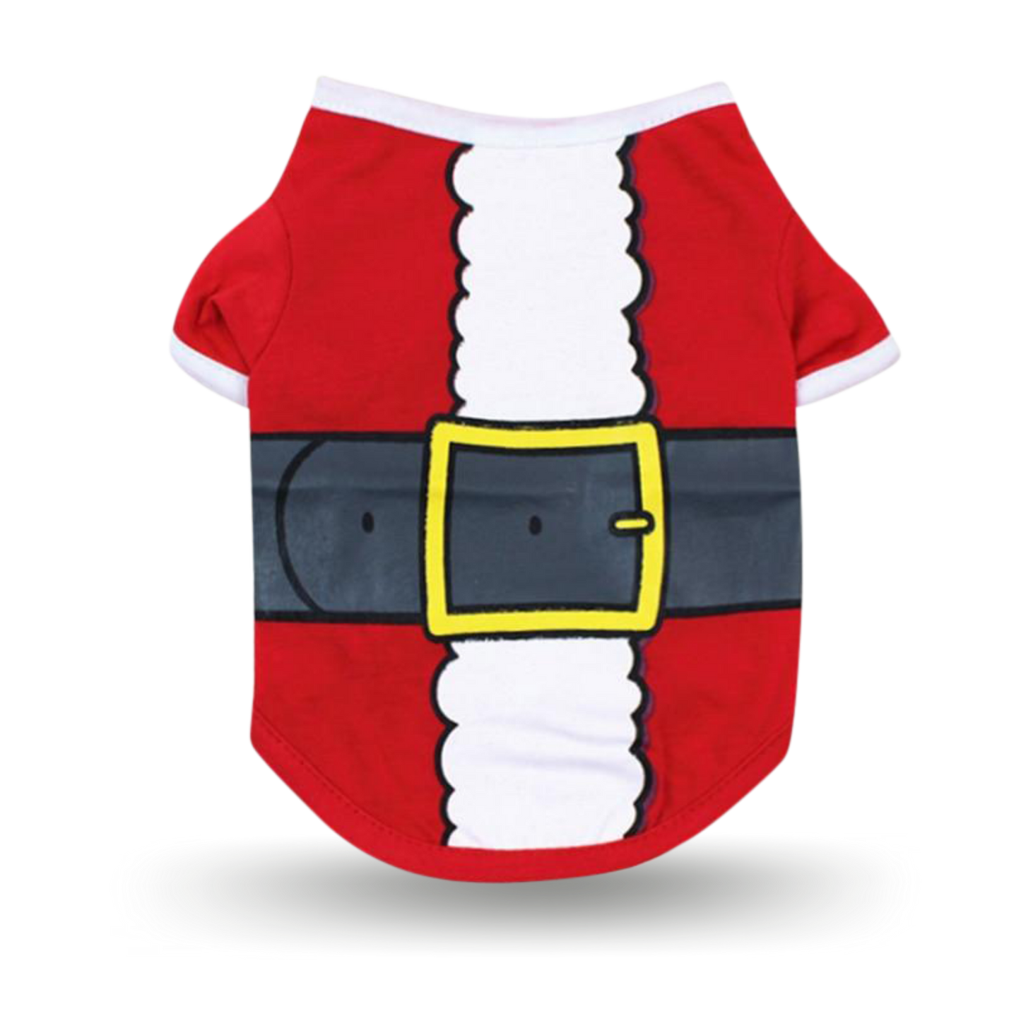 Soft cotton t-shirt with ribbing collar, arm and waist bands with a Santa suit motif screen print