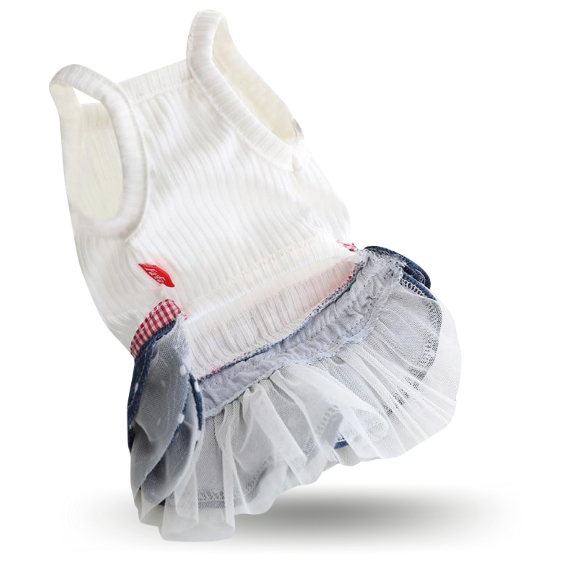 Soft ribbed cotton bodice with a cute little star patch, red plaid ribbon at the waist and blue polka-dot denim and white tulle layered RaRa skirt