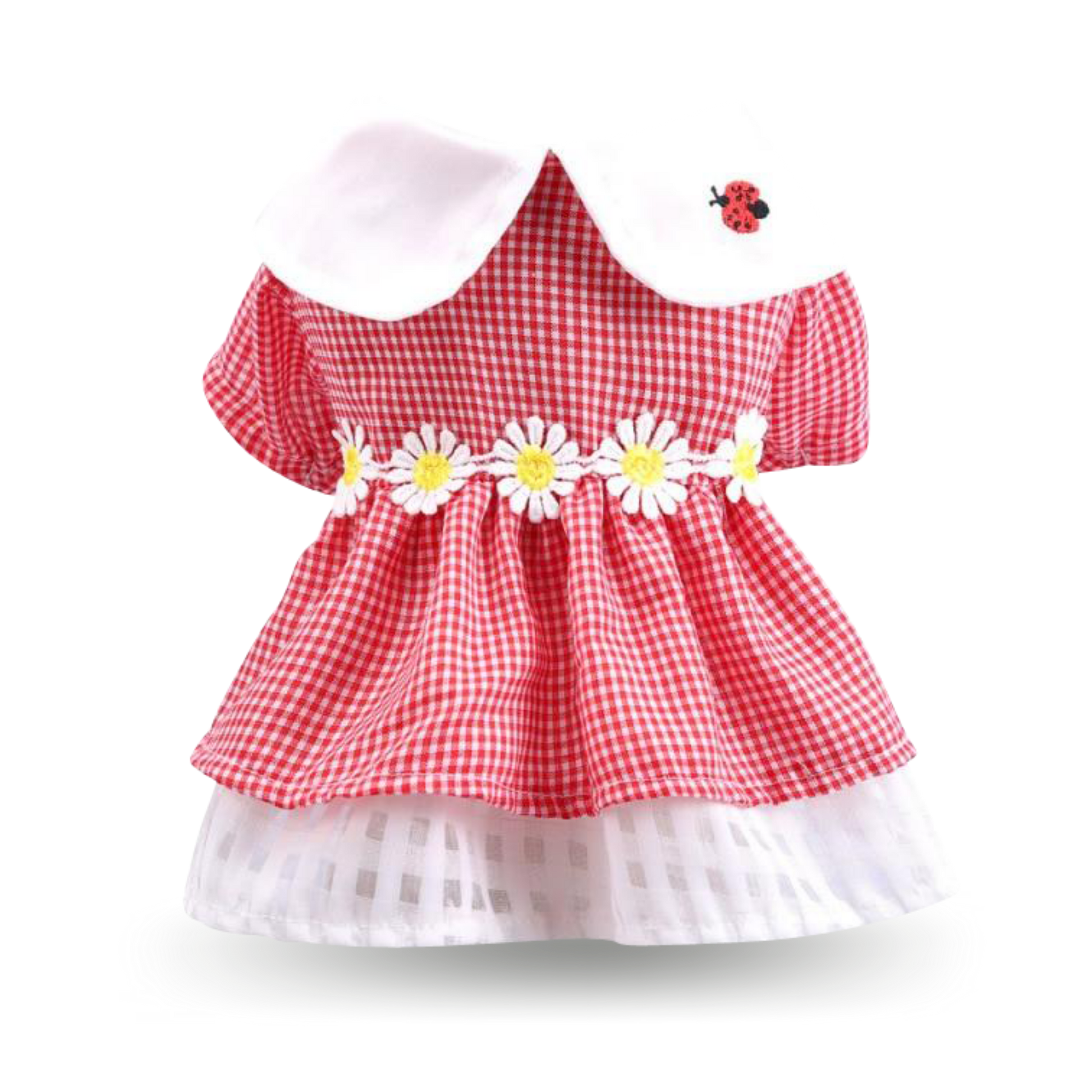 Soft light-weight red cotton dress with flowers at the waist and a Lady bug embroidered on the collar 