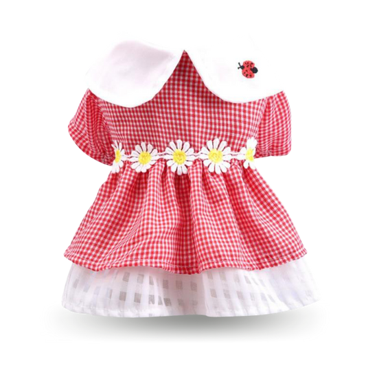 Soft light-weight red cotton dress with flowers at the waist and a Lady bug embroidered on the collar