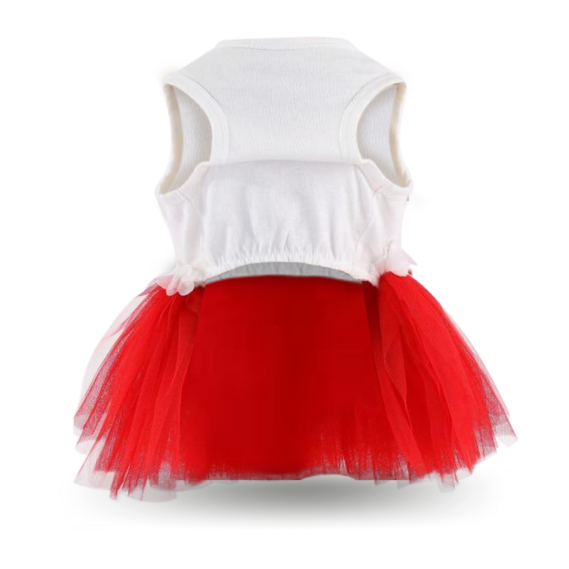 Soft cotton bodice with a fine embroidered mesh overlay, with pretty multi-layered red tulle skirt and red tulle bowtie at the waist