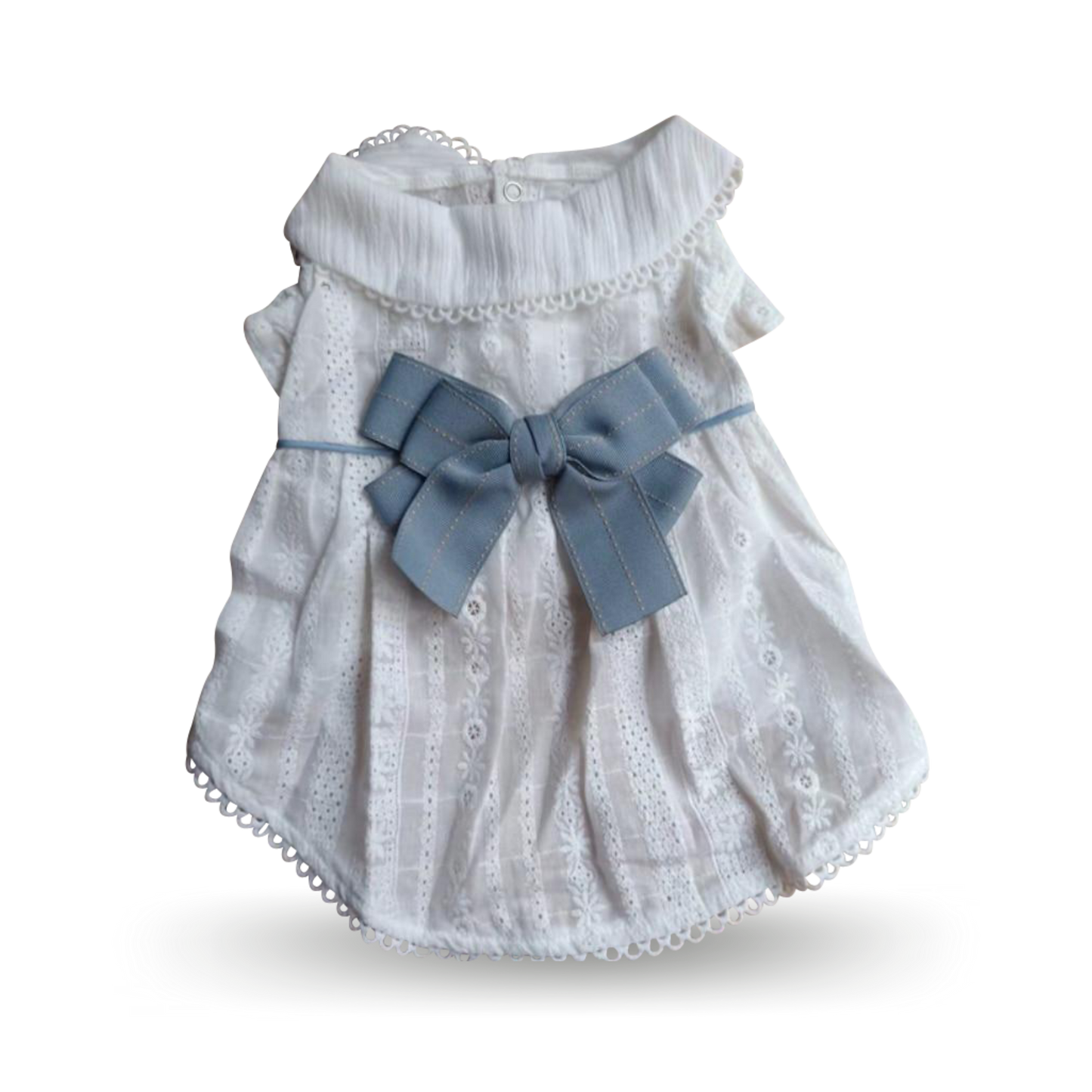 Soft light-weight white cotton lace with a removable blue bow