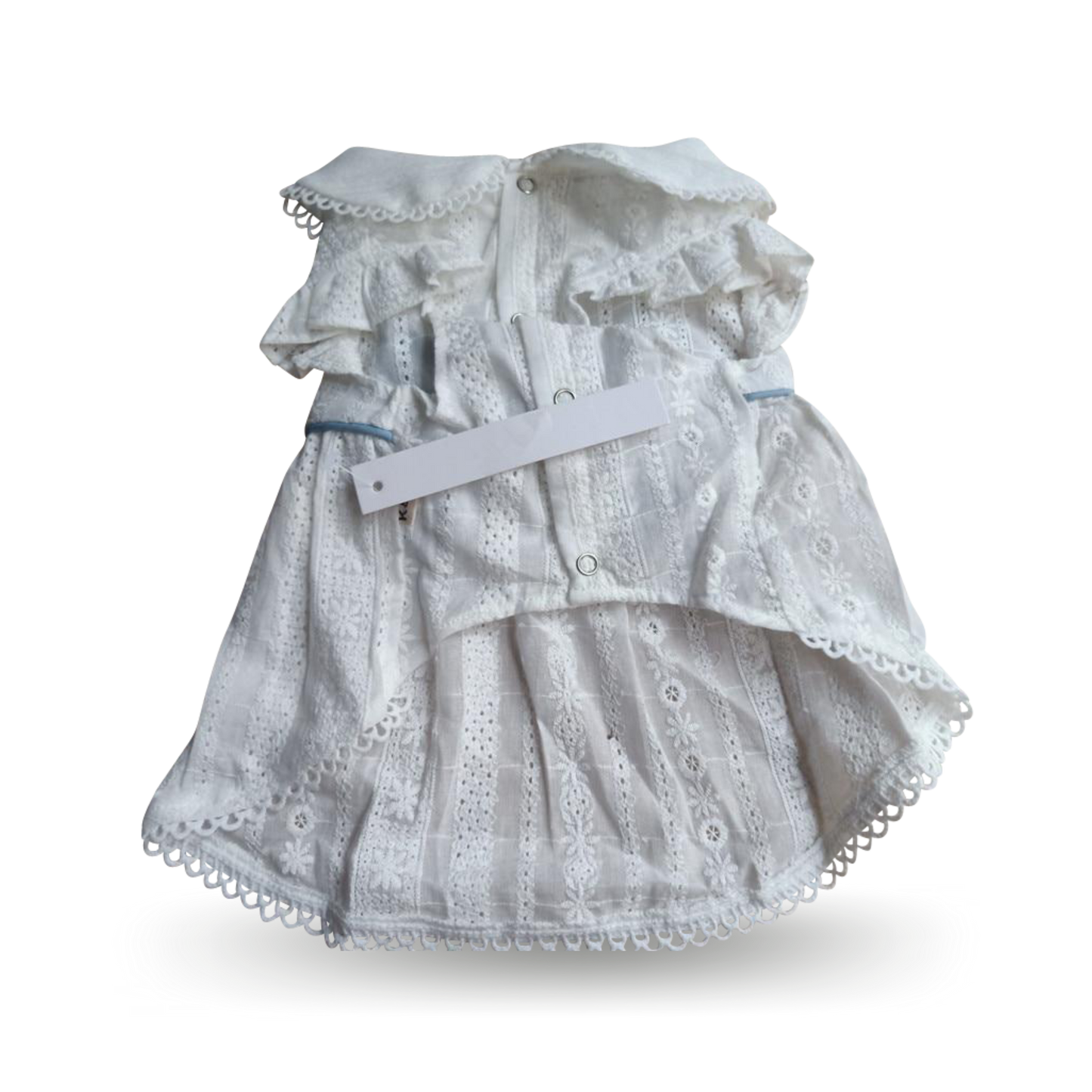 Soft light-weight white cotton lace with a removable blue bow