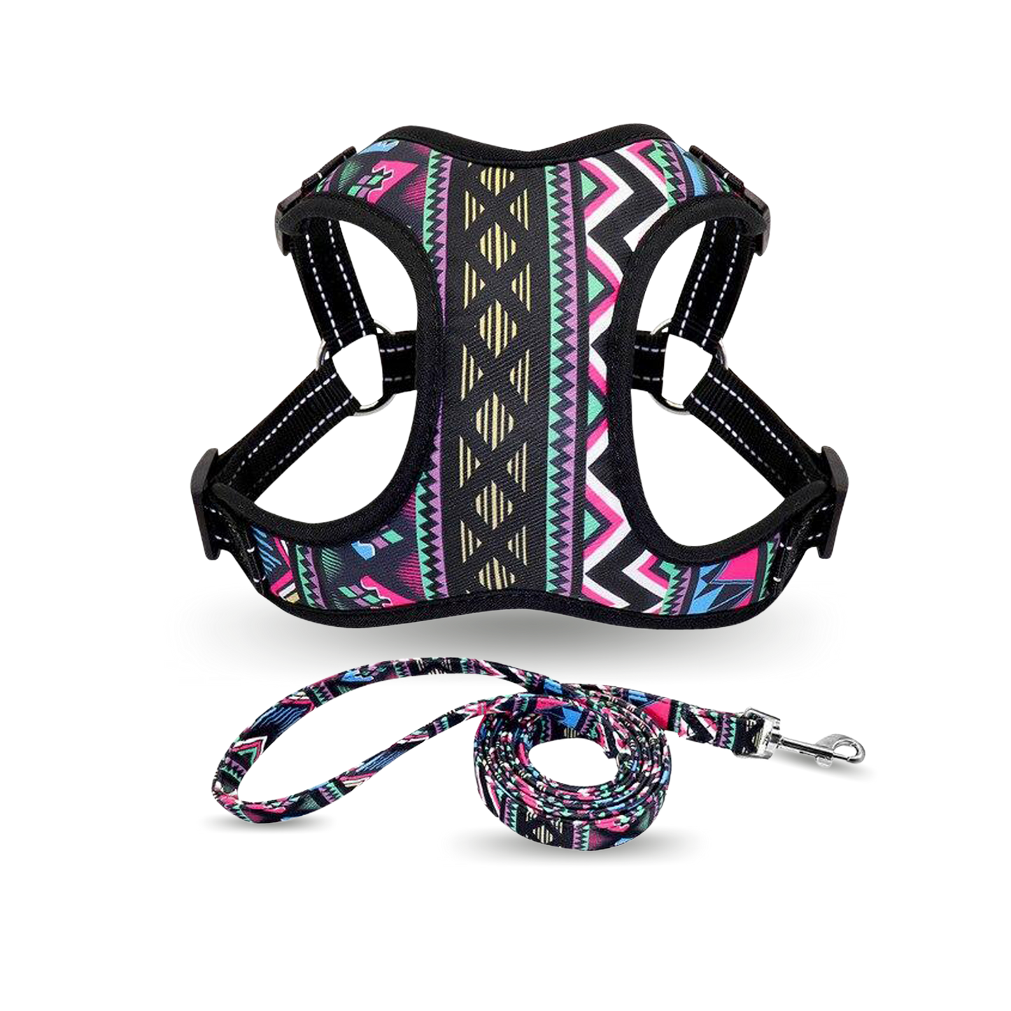 Floral and Geometric Print Pug Harness with Lead