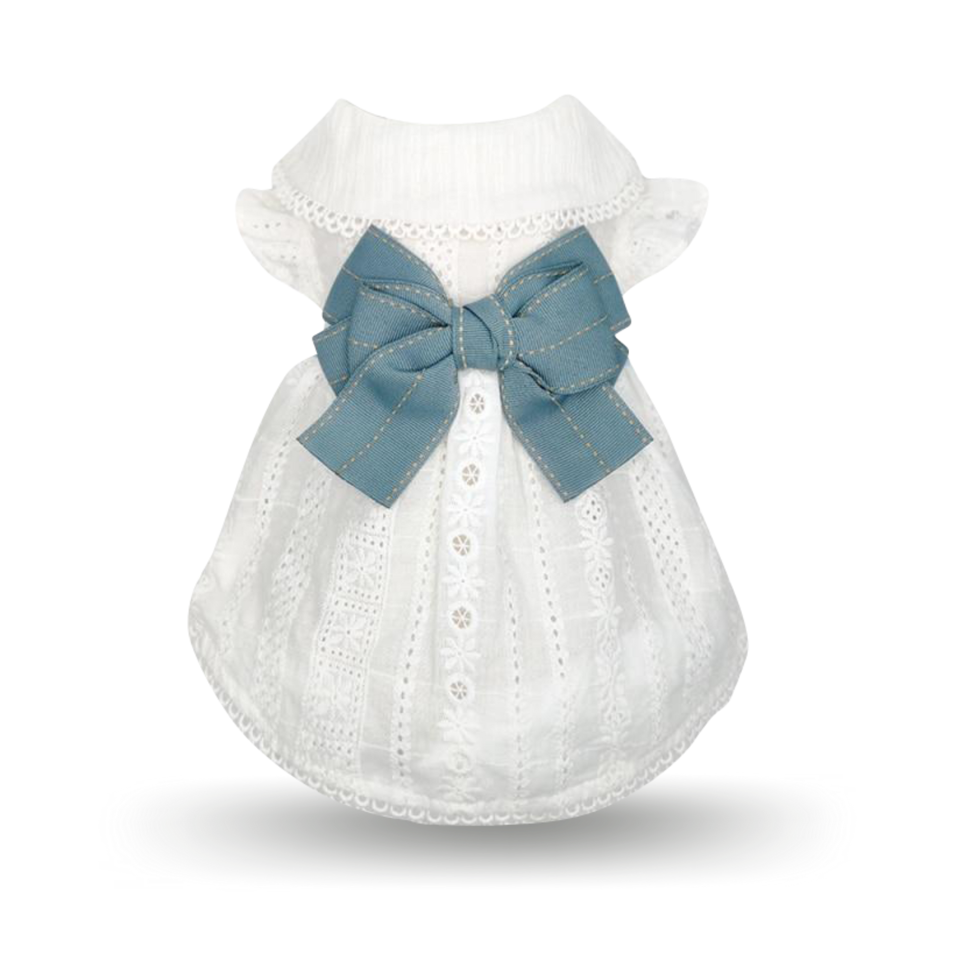 Soft light-weight white cotton lace with a removable blue bow