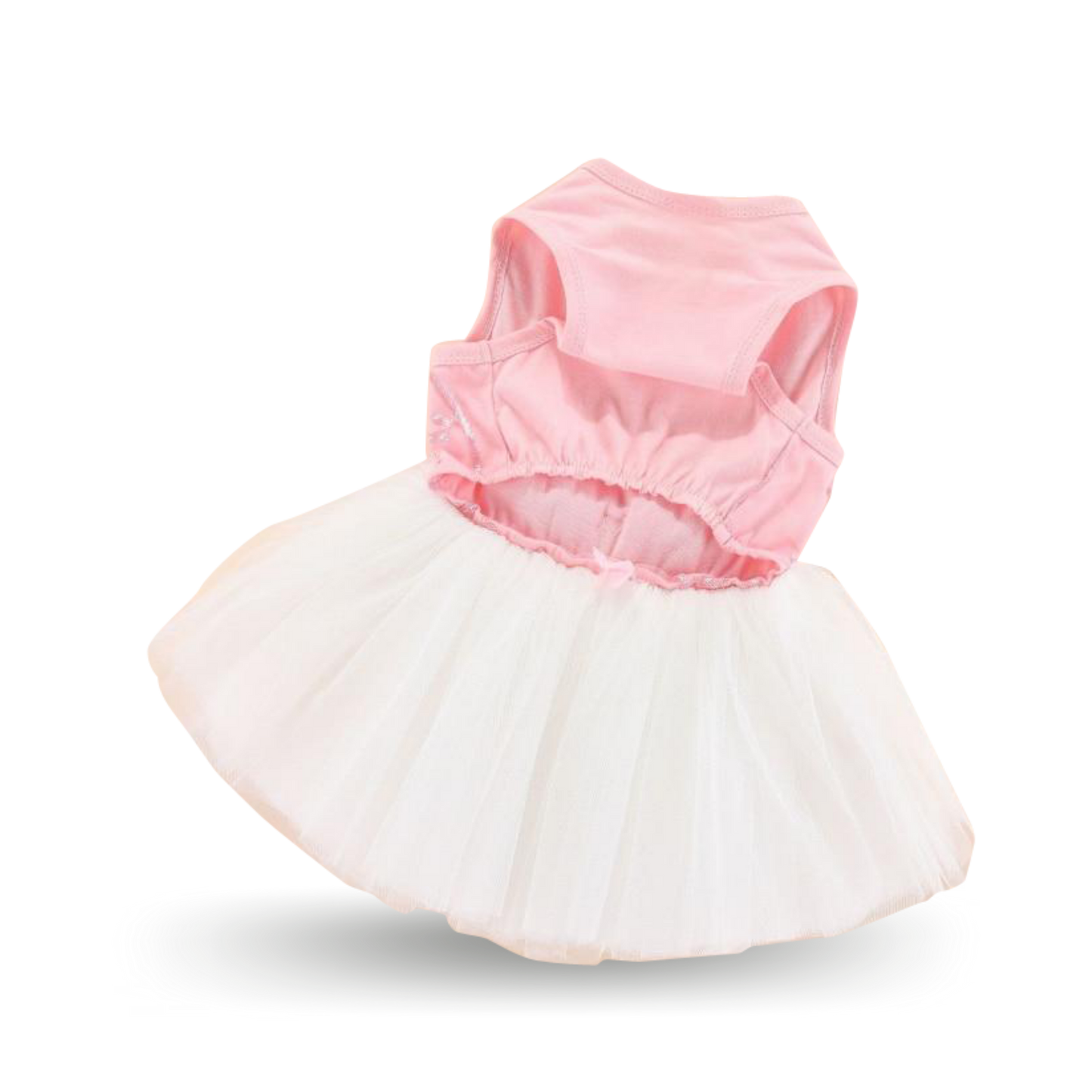Soft pink cotton bodice with a fine embroidered mesh overlay, with pretty multi-layered white tulle skirt and pink tulle bowtie at the waist