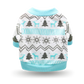 Soft cotton white t-shirt with ribbing collar, arm and waist bands with grey snow-flakes and aqua reindeer screen printed motif
