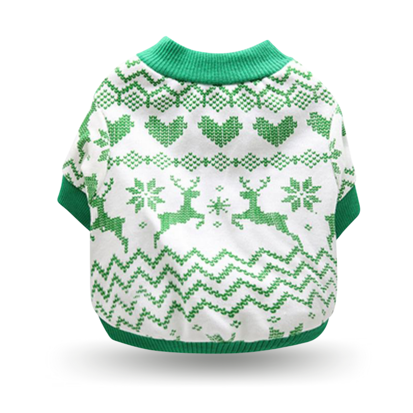 Soft cotton white t-shirt with ribbing collar, arm and waist bands with green love hearts, reindeer and snow-flakes screen printed motif