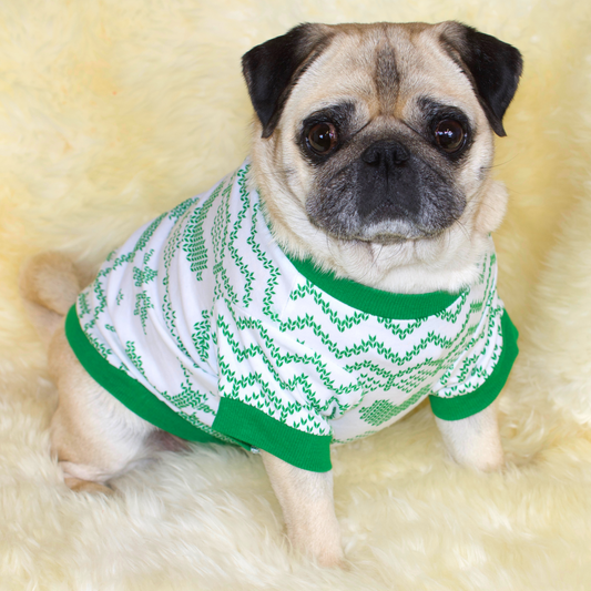 Fawn pug wearing a soft cotton white t-shirt with ribbing collar, arm and waist bands with green love hearts, reindeer and snow-flakes screen printed motif