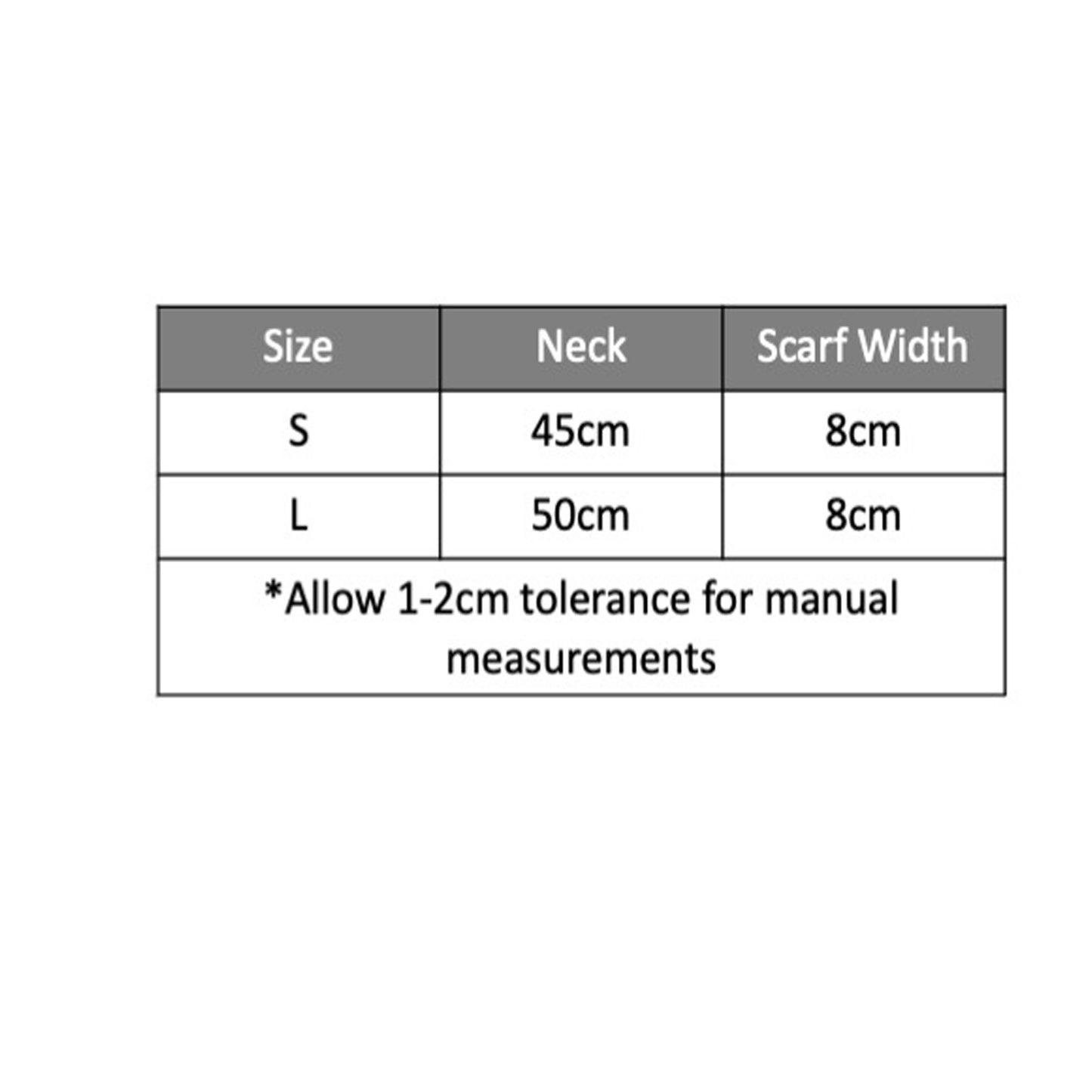 A size chart for a Knit Pug Scarf