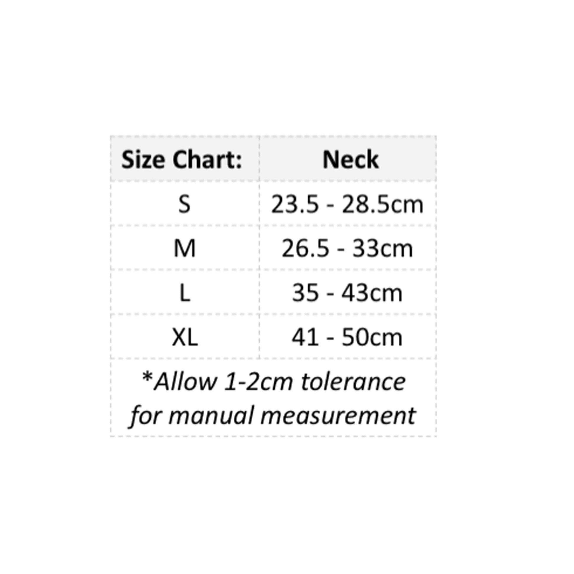 A size chart for a Bandana collar