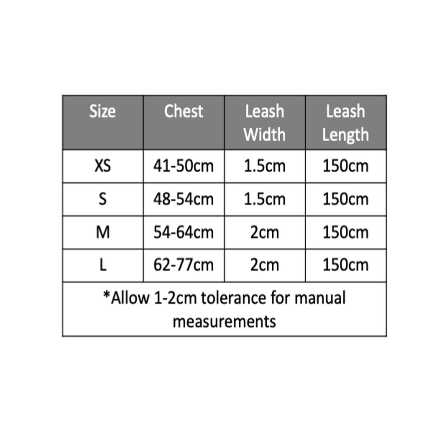 A size chart for the cotton and nylon floral and geometric  harness and lead