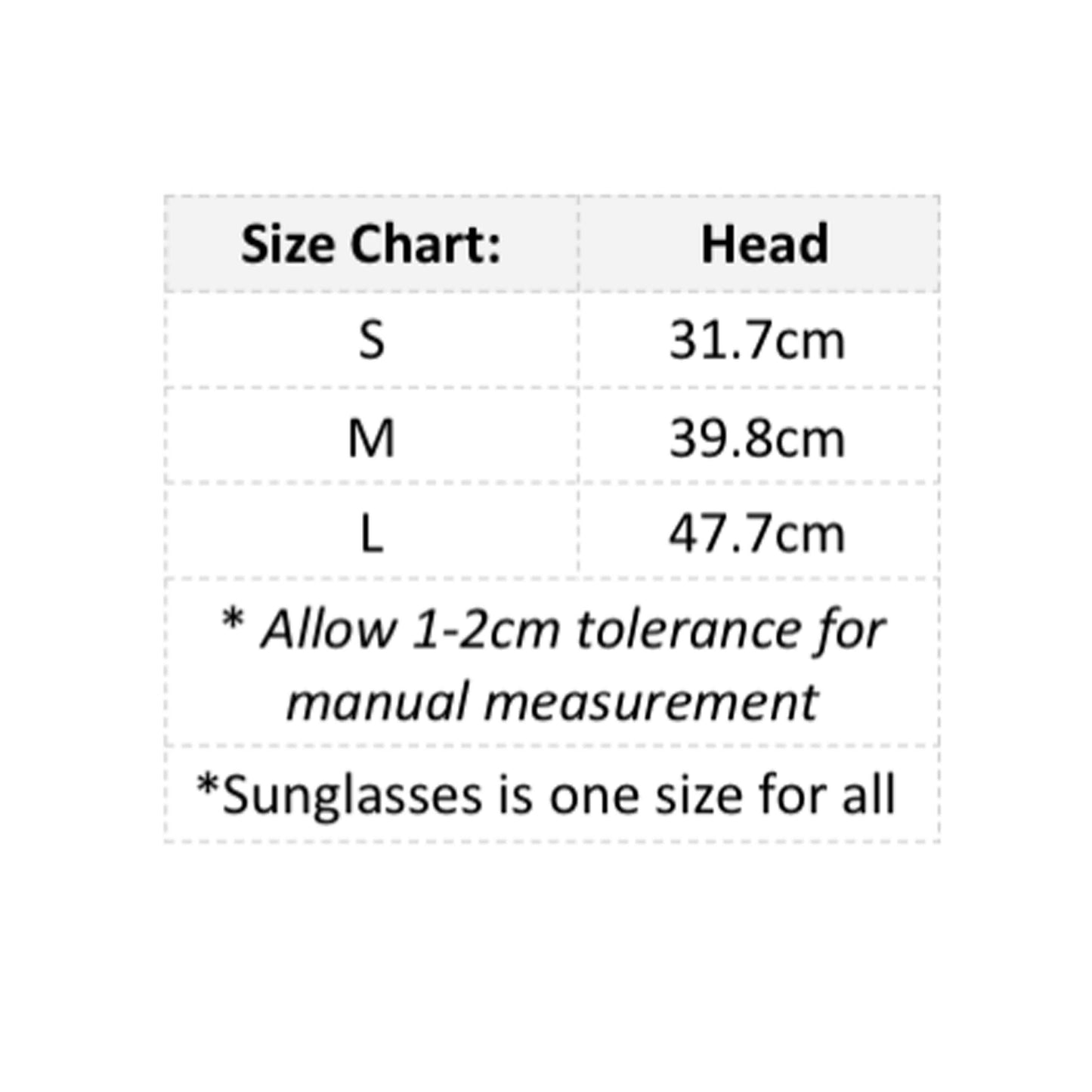A size chart for the Helmet