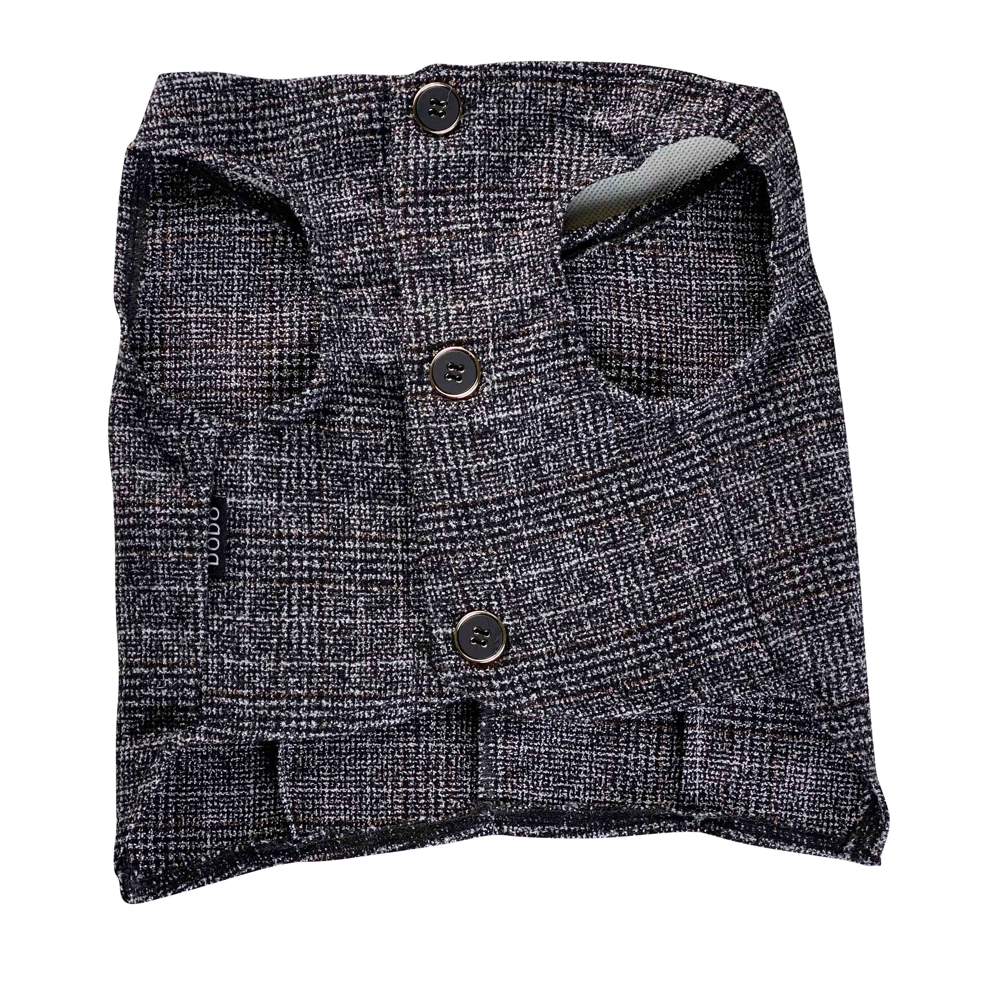 A grey tweed-look cotton vest for a Pug
