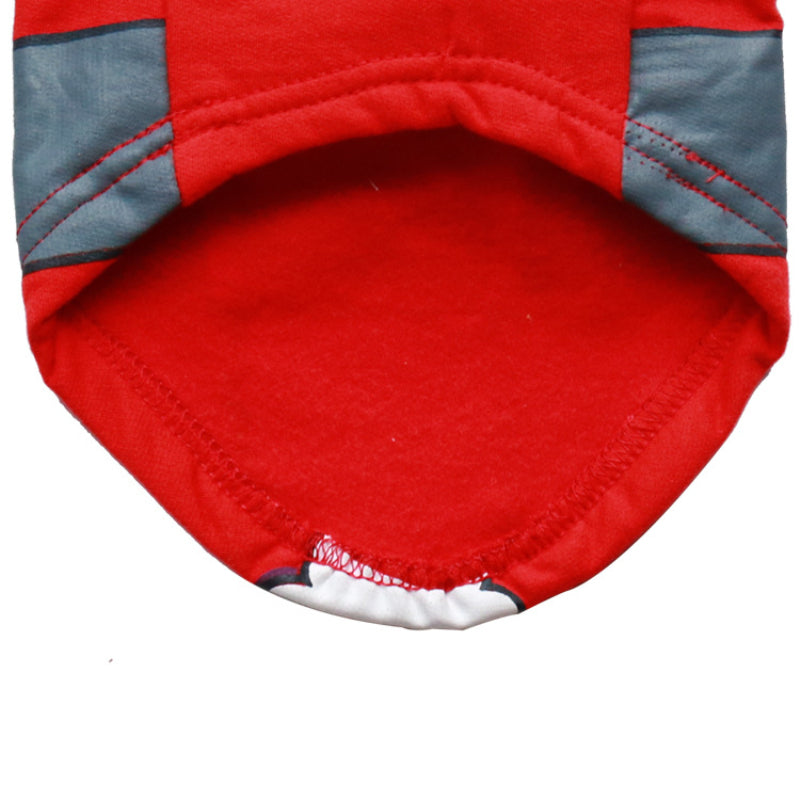 Soft cotton red hoodie with double stitched arm and waist bands, with a Santa suit screen printed motif